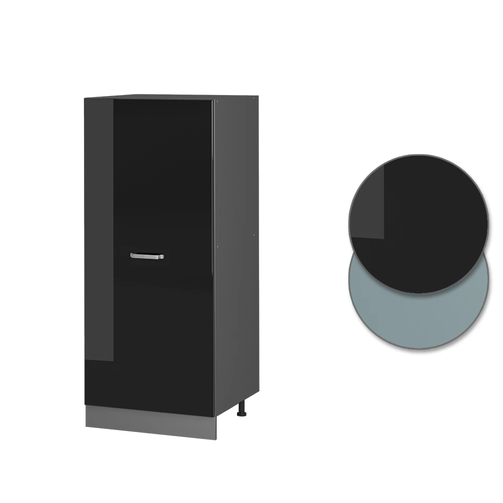 Nahaufnahme von Hochschrank in Schwarz Hochglanz, zeigt Design- und Oberflächendetails
