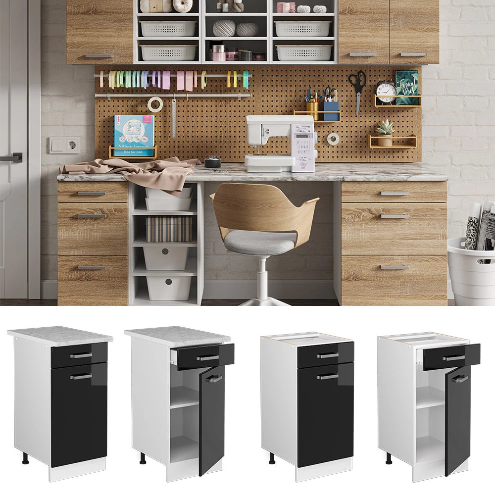 Unterschrank in Schwarz Hochglanz, dargestellt im Ambiente und auf weißem Hintergrund