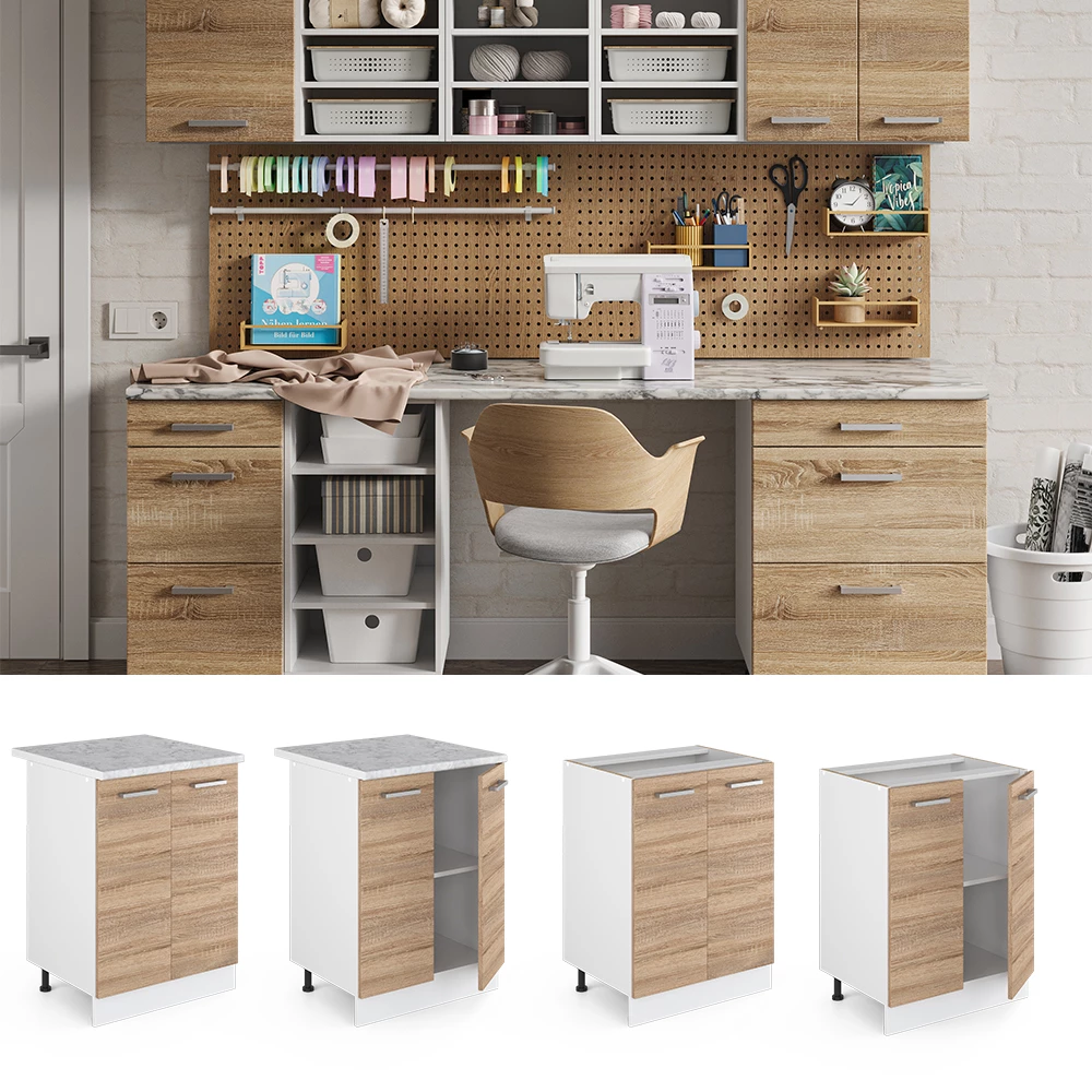 Vicco Unterschrank Sonoma 60 cm mit Türen, mit Arbeitsplatte, R-Line