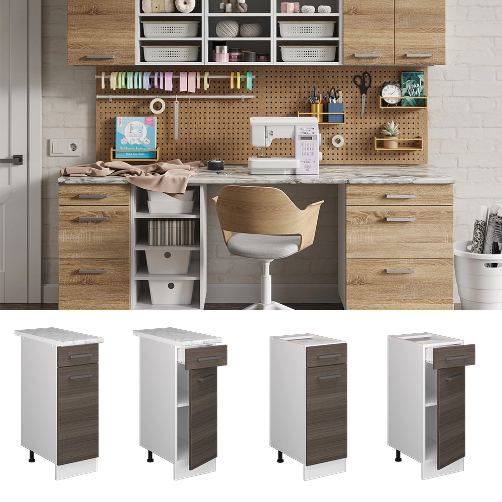 Unterschrank in Grau, dargestellt im Ambiente und auf weißem Hintergrund