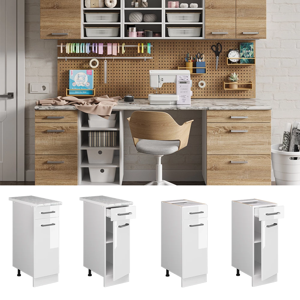 Vicco Base universale Bianco lucido 30 cm con cassetto, con piano di lavoro, R-Line