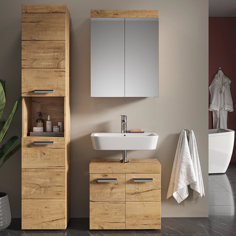 MINIO Yuko 1 - Meuble Salle De Bain 3 Pièces Avec LED (Armoire Murale, Miroir, Meuble Sous Vasque) - Stratifié Chêne Wotan Et MDF
