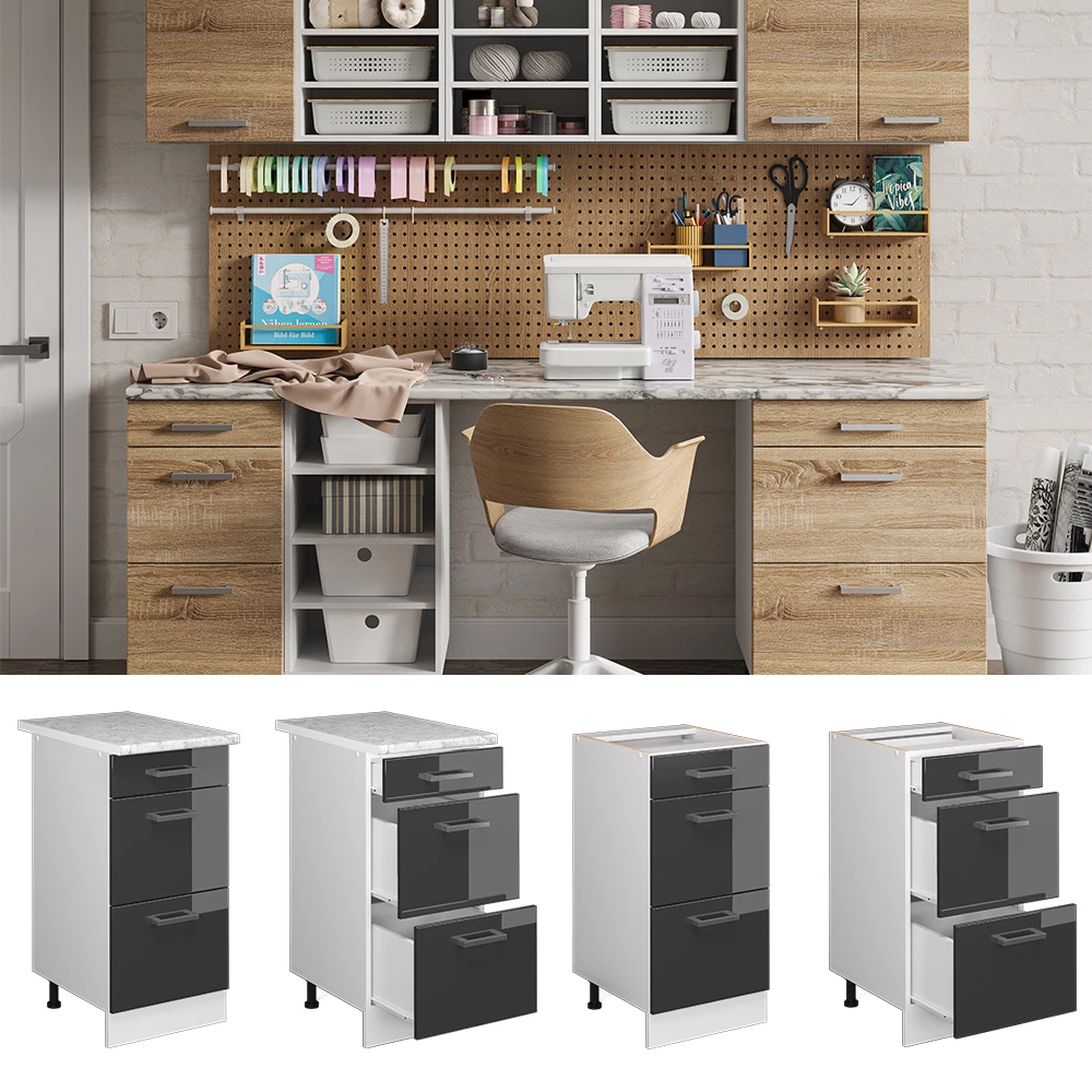 Vicco Meuble bas universel Anthracite Haute brillance 40cm avec tiroirs, R-Line