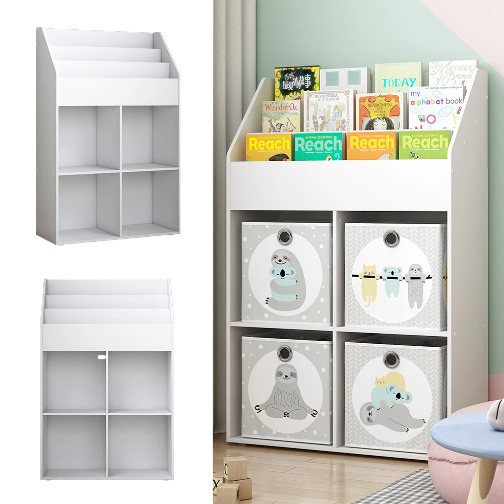 Bibliothèque Enfant Onix Vicco - Blanc Avec Housse Grise - 97x78 Cm - Avec Siège Intégré - Rangement Jouets & Livres