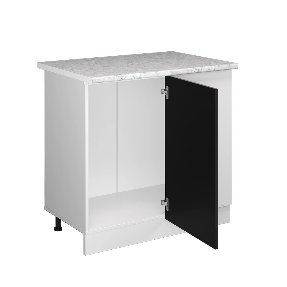 Nahaufnahme von Eckschrank für Hausrat in Schwarz Hochglanz, zeigt Textur/Details