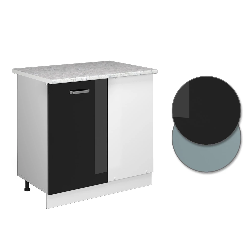 Nahaufnahme von Eckschrank für Hausrat in Schwarz Hochglanz, zeigt Design- und Oberflächendetails