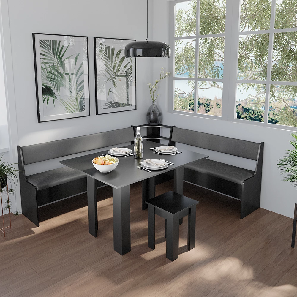 Esszimmer-Eckbank in Schwarz, dargestellt im Ambiente mit Dekoration. Produktbezeichnung: livinity® Esszimmer-Eckbank Schwarz 43.5 x 43.5 cm, Roman