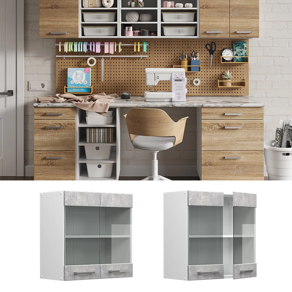 Vicco Universal wall unit Concrete 60 cm with glass doors, R-Line