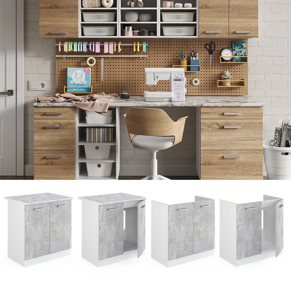 Vicco Meuble bas pour l'évier Béton 80cm avec portes, sans PT, R-Line