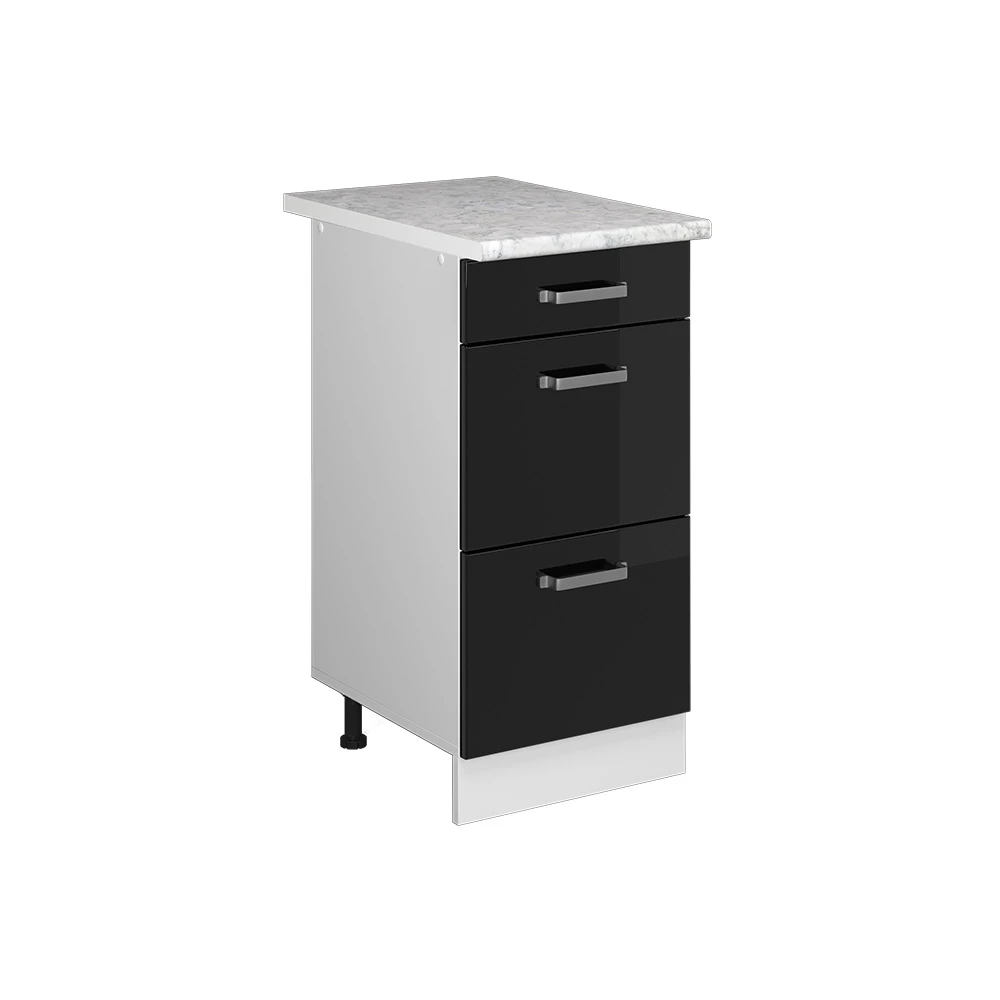 Vicco köksunderskåp "R-Line", svart högblank/vit, 40 cm med lådor, AP marmor
