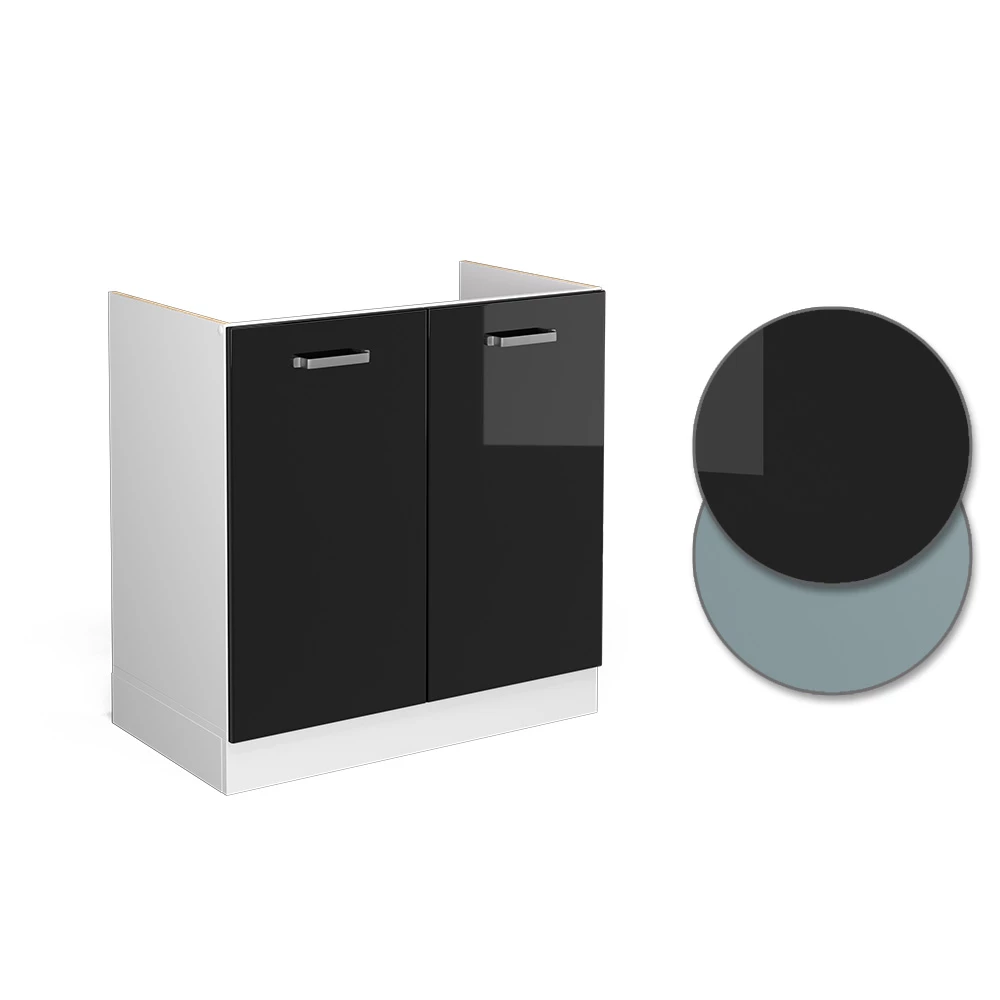 Nahaufnahme von Spülenunterschrank in Schwarz Hochglanz, zeigt Design- und Oberflächendetails