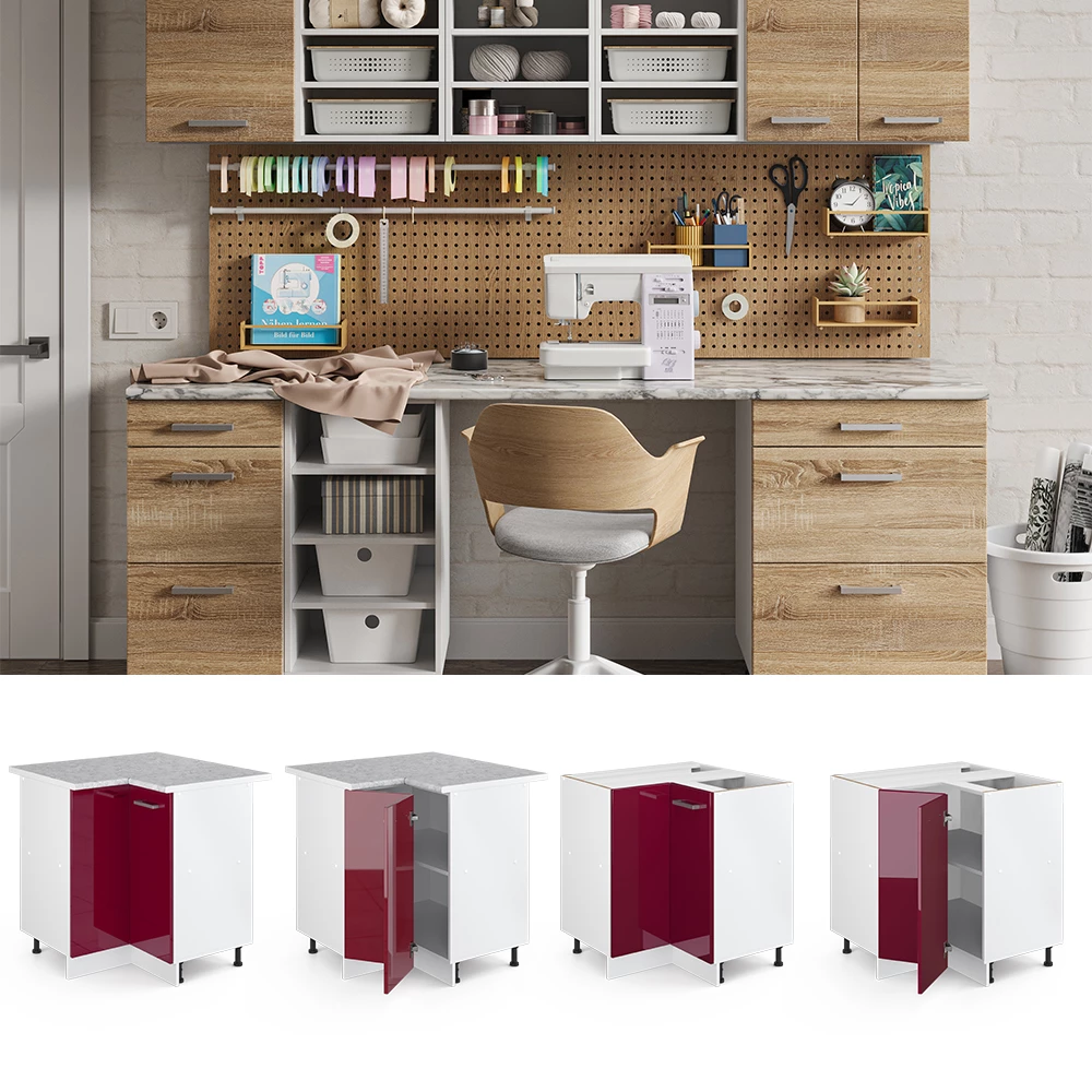 Universal Armoire d'angle en Rouge bordeaux Haute brillance sur fond blanc