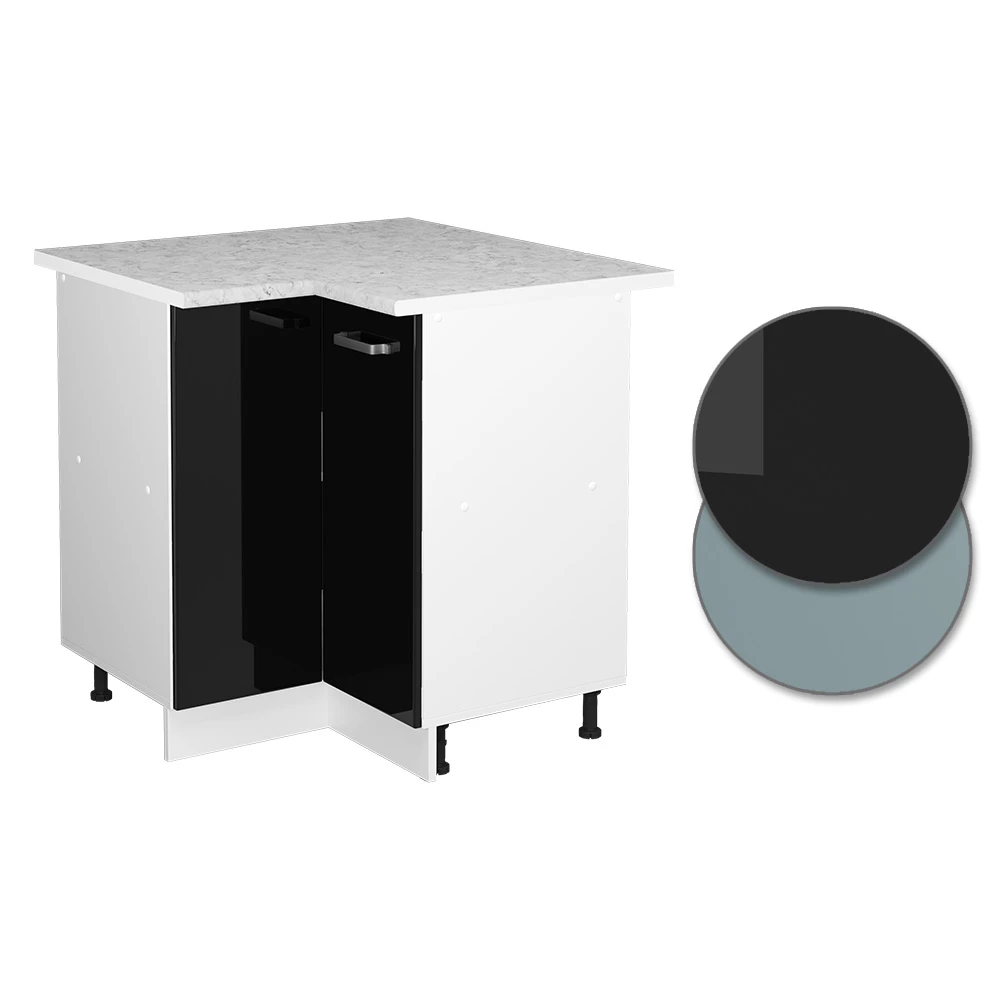 Nahaufnahme von Eckschrank für Hausrat in Schwarz Hochglanz, zeigt Design- und Oberflächendetails