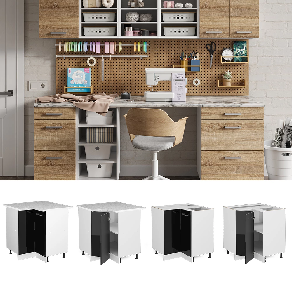 Vicco Dulap de colț pentru articole de uz casnic Negru lucios ridicat 75.6 cm cu usa, fara blat, R-Line
