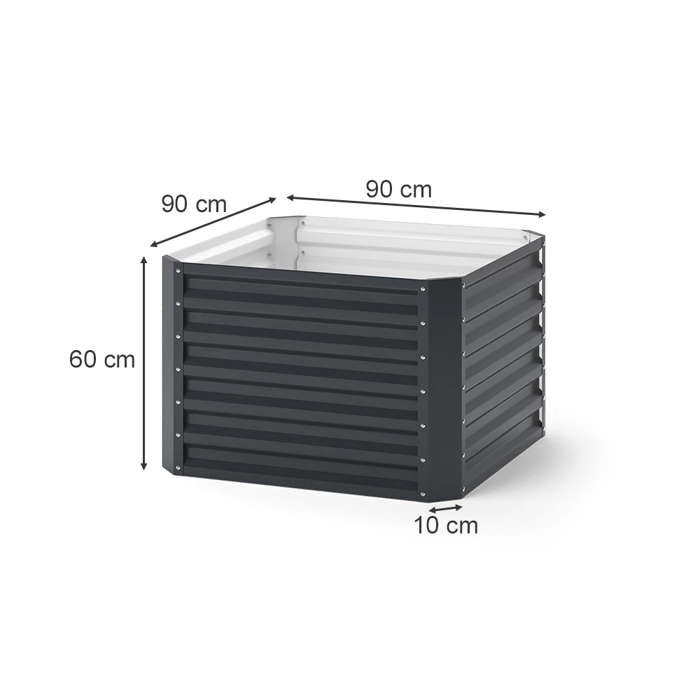 Hochbeet in Anthrazit auf weißem Hintergrund mit sichtbaren Maßen