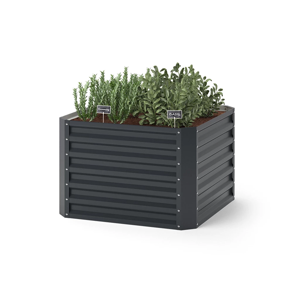 Hochbeet in Anthrazit auf weißem Hintergrund mit dekorativen Elementen
