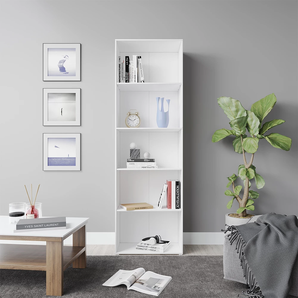 livinity® Bookshelf White 60 x 190 cm with 5 compartments, Bob