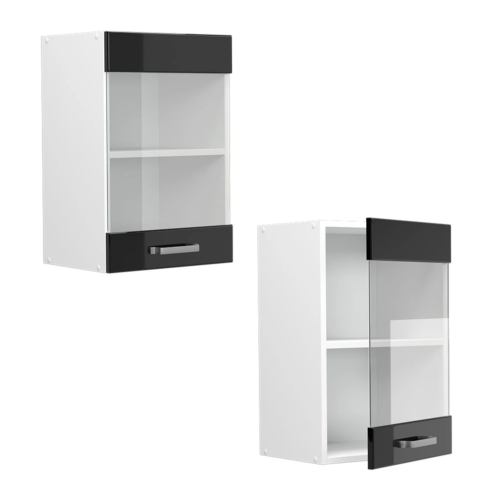 Nahaufnahme von Hängeschrank in Schwarz Hochglanz, zeigt Design- und Oberflächendetails