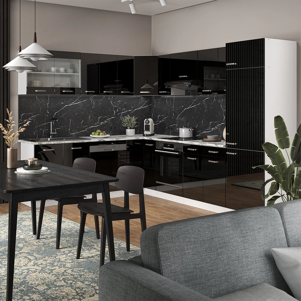 Eckküche in Schwarz Hochglanz/Weiß auf weißem Hintergrund