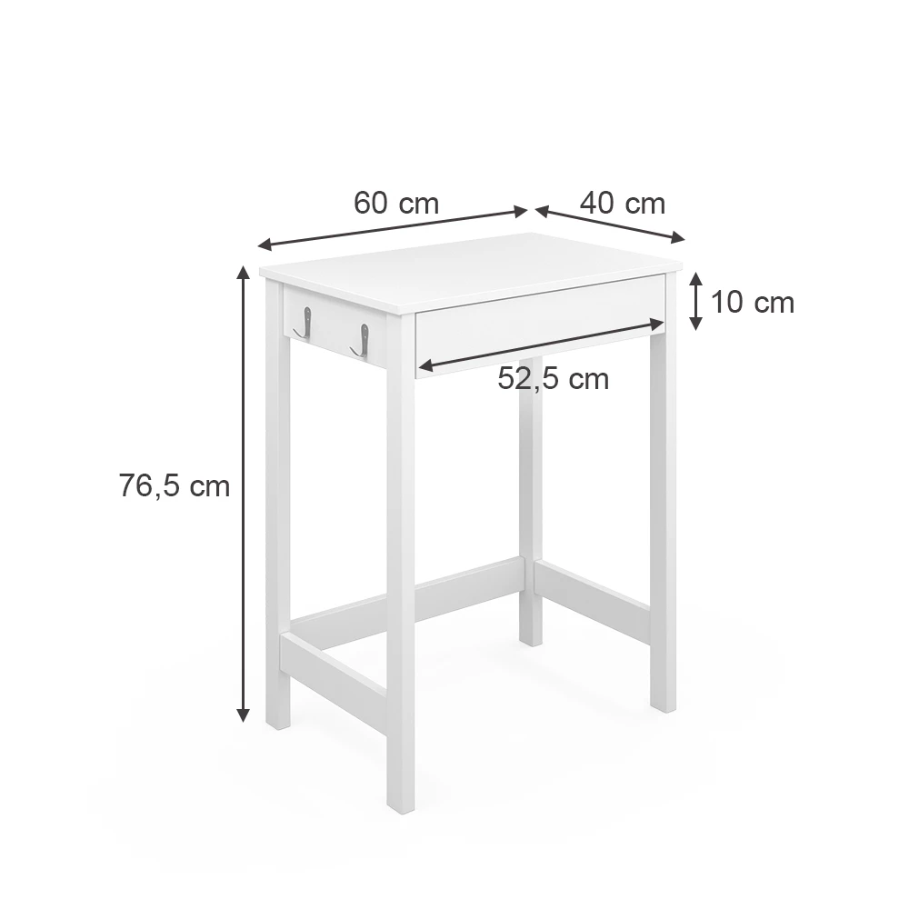 Secretária in Branco on white background with visible dimensions
