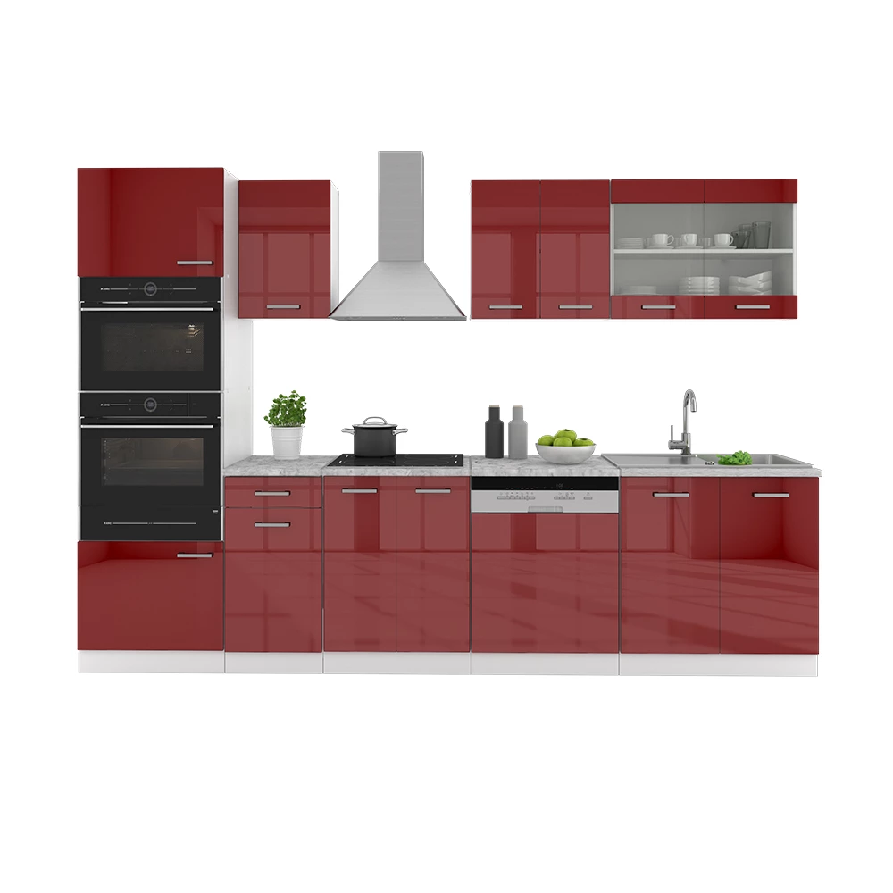 Küchenzeile R-Line Rot Hochglanz/Weiß 300 cm mit Hochschrank, AP Anthrazit livinity®