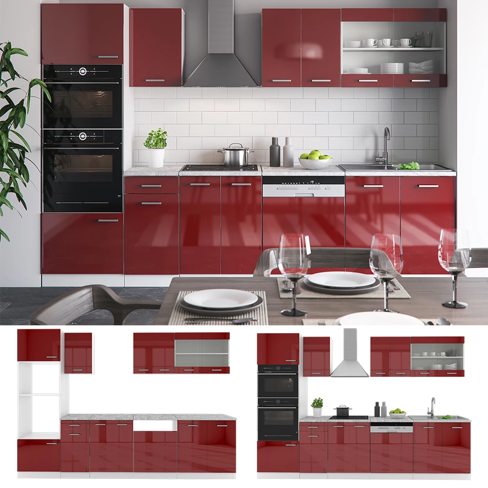 Küchenzeile R-Line Rot Hochglanz/Weiß 300 cm mit Hochschrank, AP Anthrazit livinity®