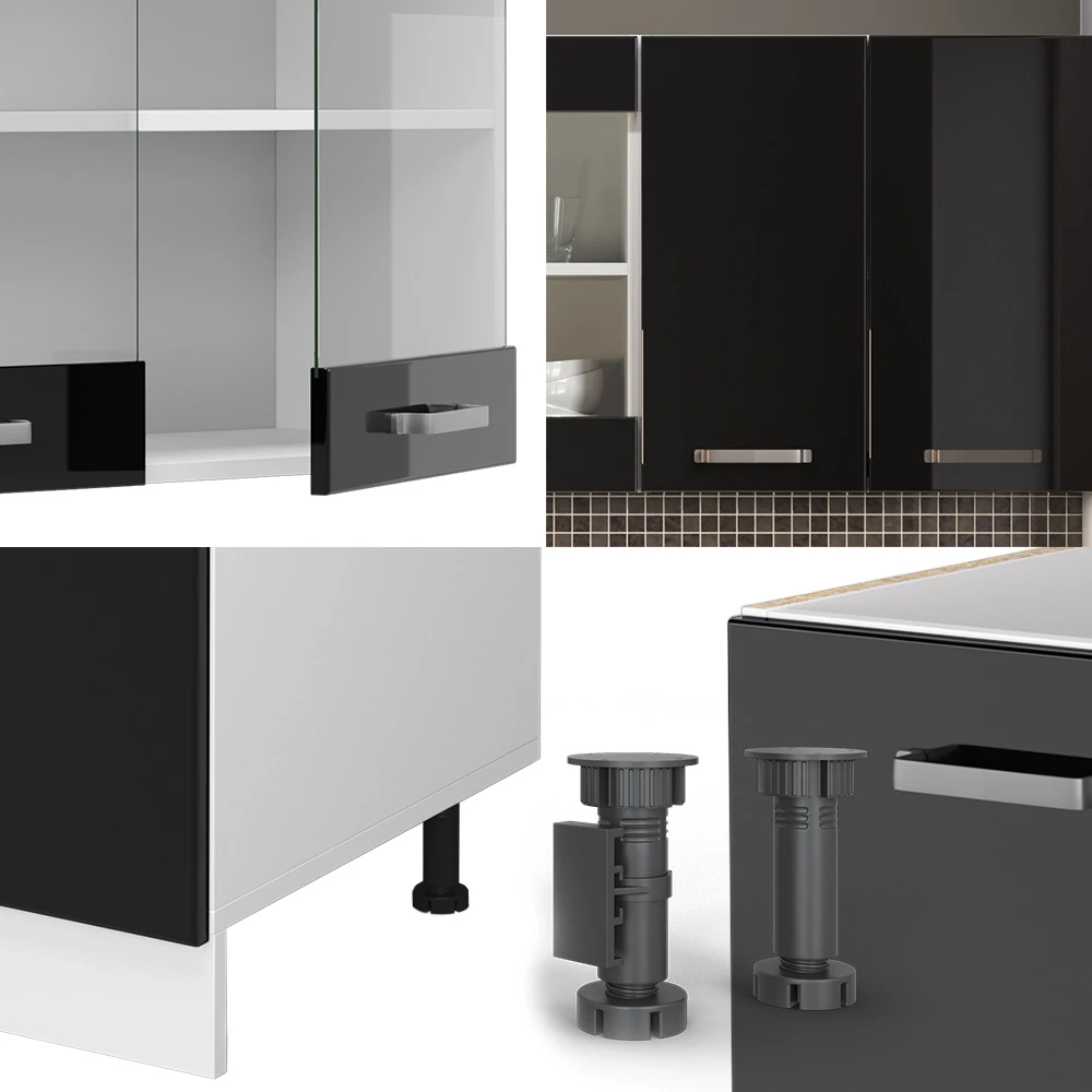 Close-up van Enkele keuken in Zwart hoogglans/wit, met ontwerp- en oppervlakte-details