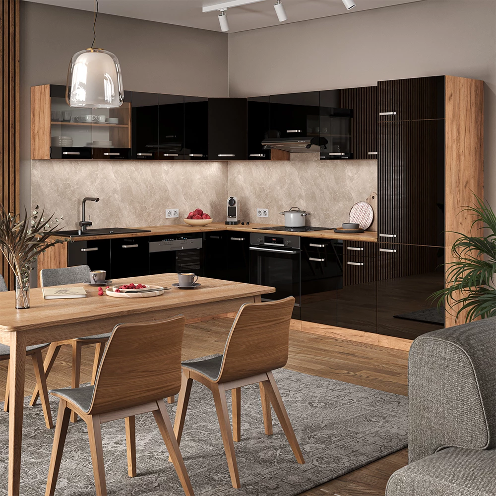 Cozinha de canto Vicco "R-Line", preto alto brilho/carvalho Goldkraft, 227 x 287 cm sem bancada