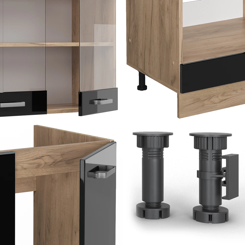 Close-up van Hoekkeuken in Eiken hoogglans zwart/goud, met ontwerp- en oppervlakte-details