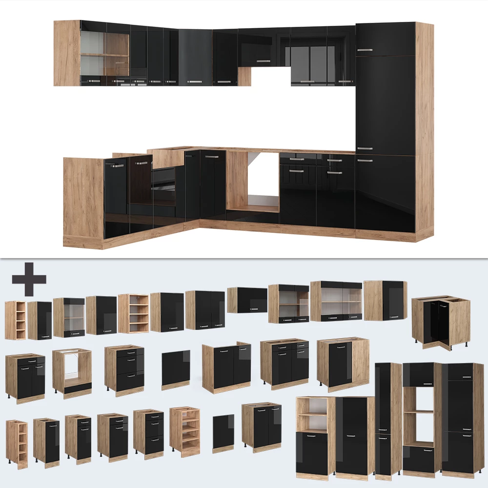 Hoekkeuken in Eiken hoogglans zwart/goud op een witte achtergrond met decoratieve elementen