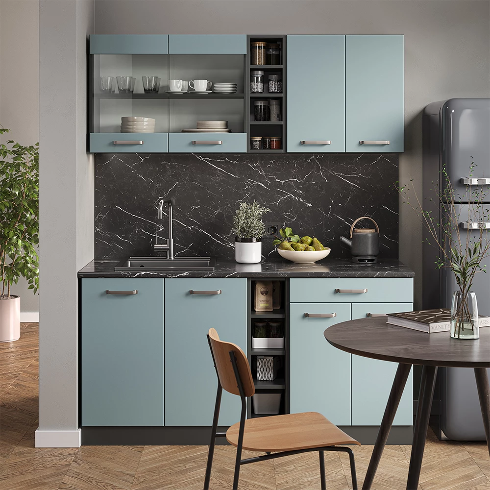 Enkele keuken in Blauw-grijs/antraciet op een witte achtergrond