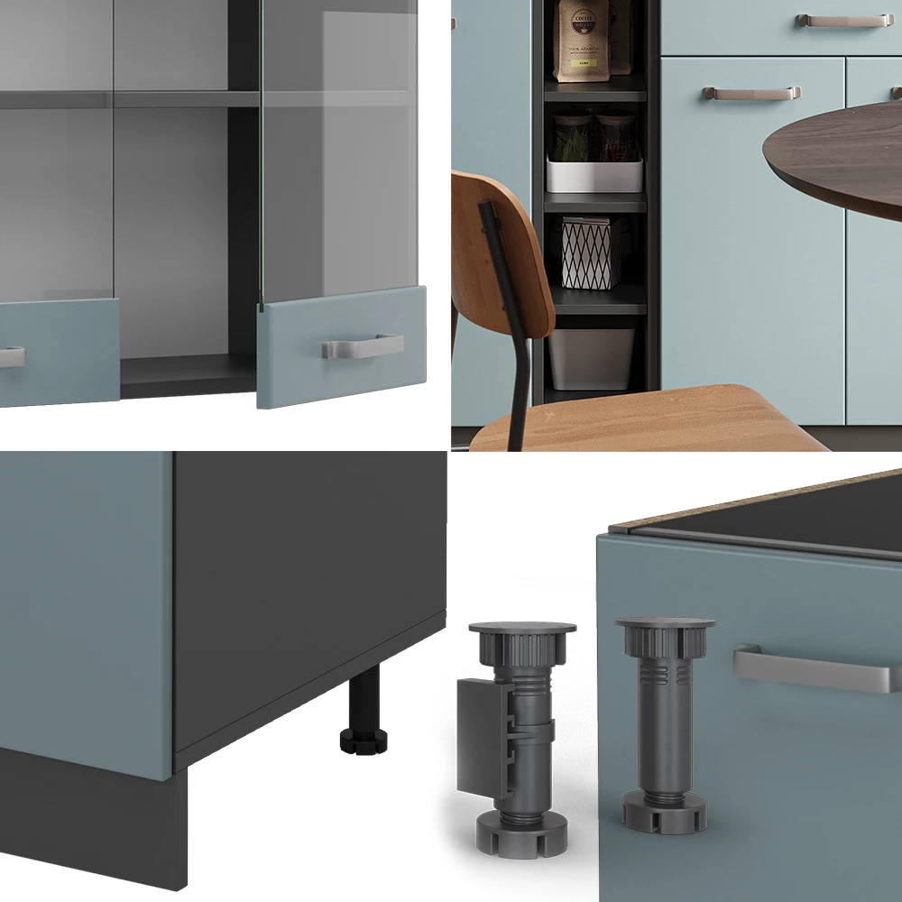Nahaufnahme von Singleküche in Blau-Grau/Anthrazit, zeigt Design- und Oberflächendetails
