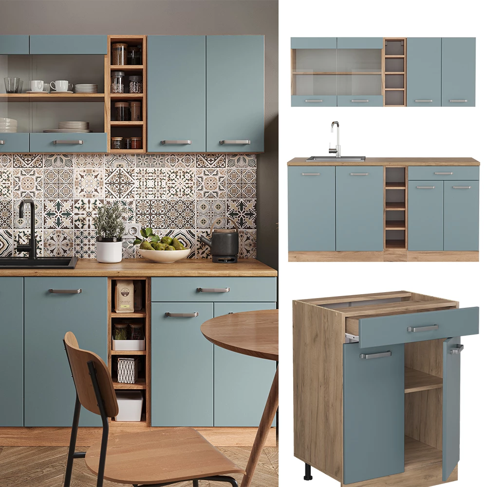 livinity® Single Küche Blau-Grau/Goldkraft Eiche 160 cm ohne Arbeitsplatte, R-Line