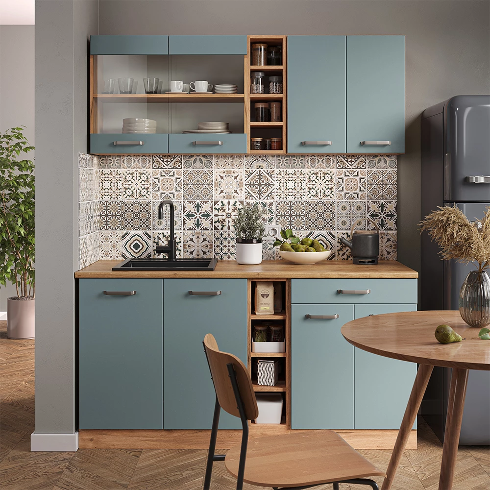 Vicco Egyszemélyes konyha Kékszürke/arany tölgy 160 cm , MP Tölgy, R-Line