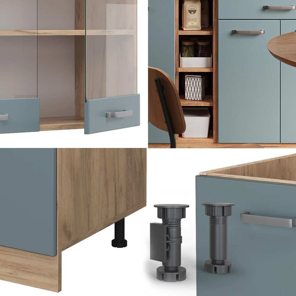 livinity® Single Küche Blau-Grau/Goldkraft Eiche 160 cm ohne Arbeitsplatte, R-Line