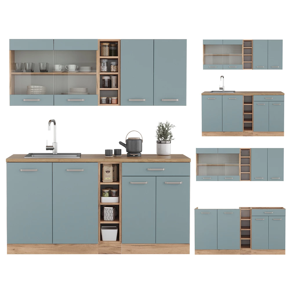 livinity® Single Küche Blau-Grau/Goldkraft Eiche 160 cm ohne Arbeitsplatte, R-Line