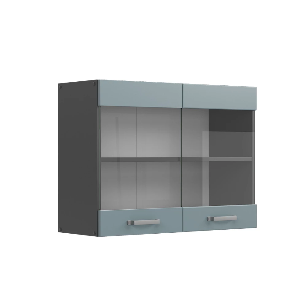Vicco Küchenglasschrank R-Line, Glashängeschrank, Blau-Grau/Anthrazit, 80 cm