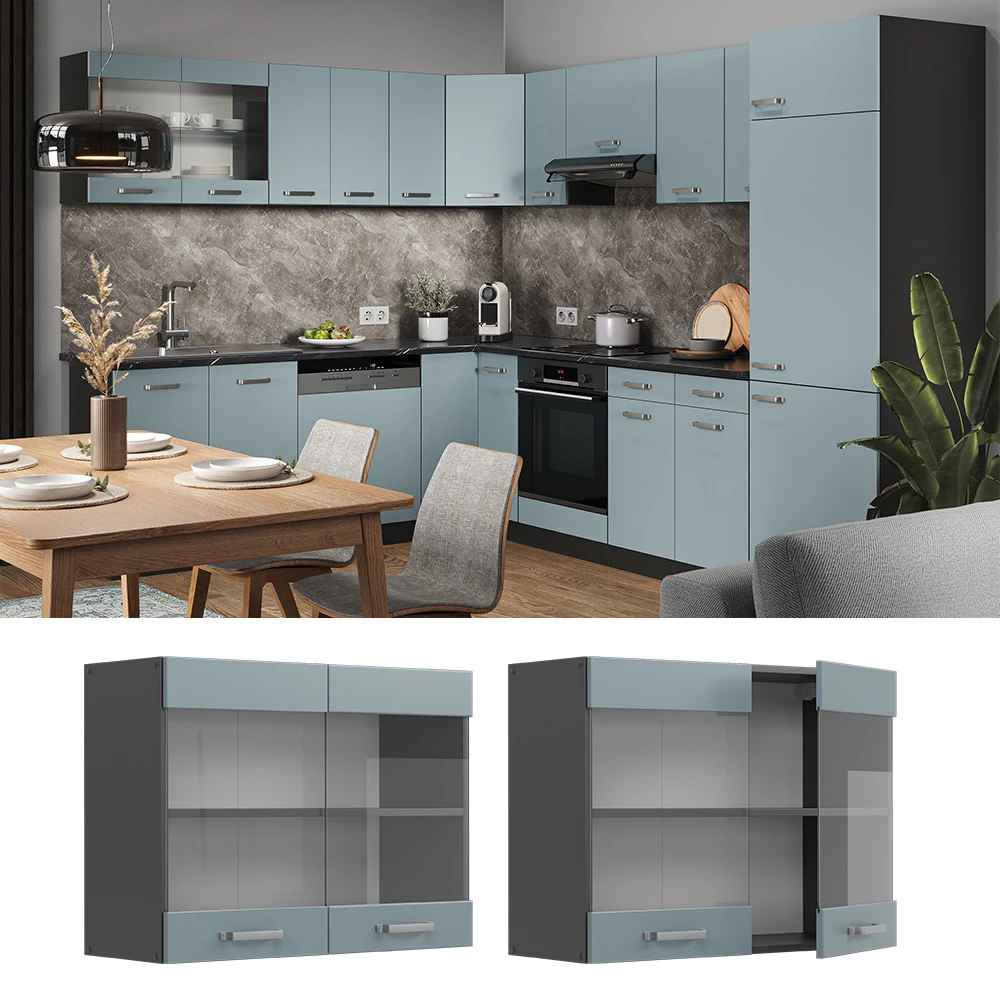 Glazen keukenkast in Blauw-grijs, shown in ambient setting and on white background