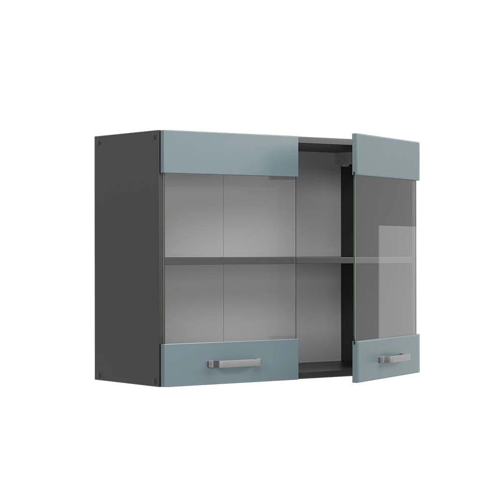 Vicco Küchenglasschrank R-Line, Glashängeschrank, Blau-Grau/Anthrazit, 80 cm