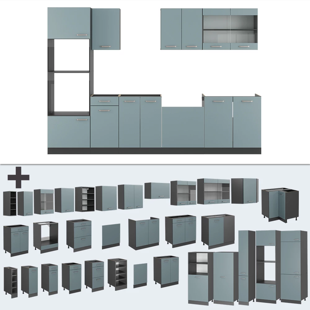 Keukenblok in Blauw-grijs/antraciet op een witte achtergrond met decoratieve elementen