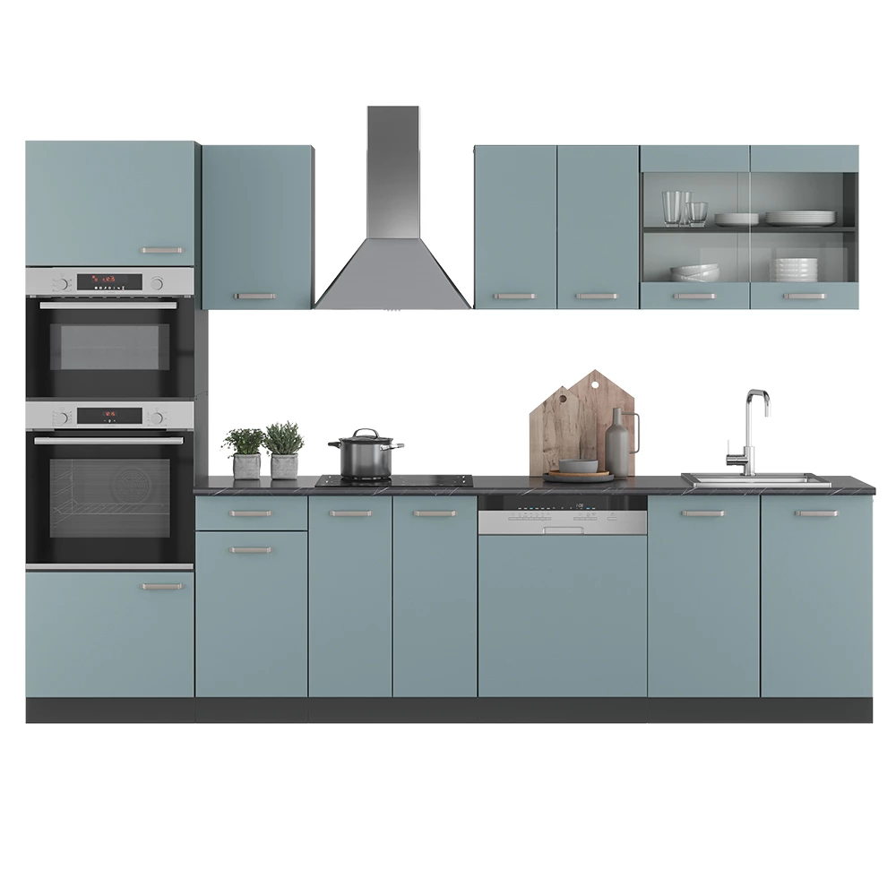Keukenblok in Blauw-grijs/antraciet op een witte achtergrond met decoratieve elementen
