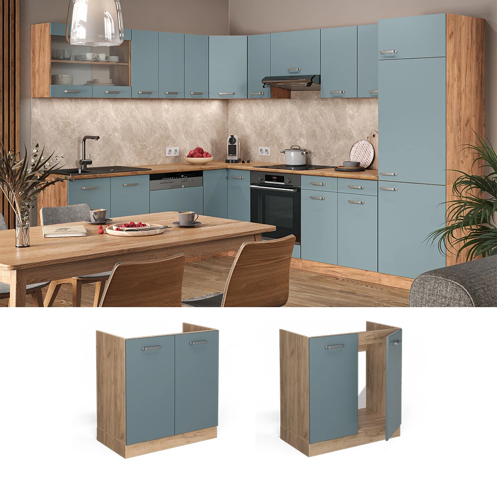Vicco Spülenunterschrank "R-Line", Blau-Grau/Goldkraft Eiche, 80 cm ohne Arbeitsplatte