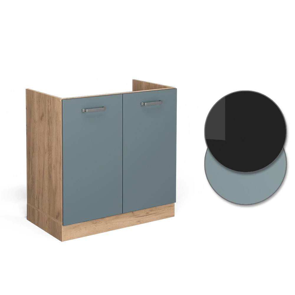 Vicco Spülenunterschrank "R-Line", Blau-Grau/Goldkraft Eiche, 80 cm ohne Arbeitsplatte