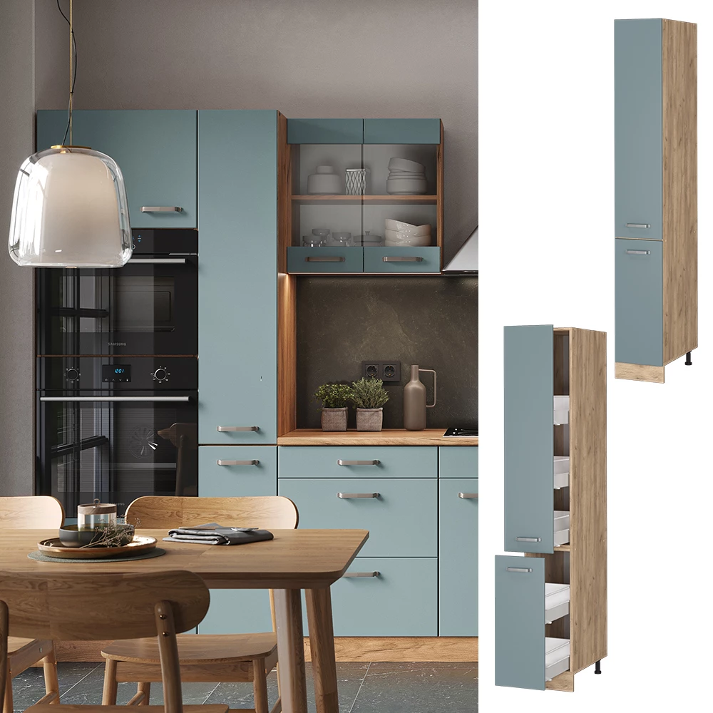 Apothekerschrank in Blau-Grau, dargestellt im Ambiente und auf weißem Hintergrund