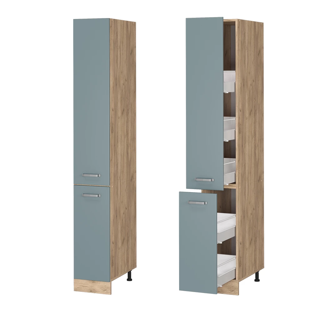 Nahaufnahme von Apothekerschrank in Blau-Grau, zeigt Textur/Details