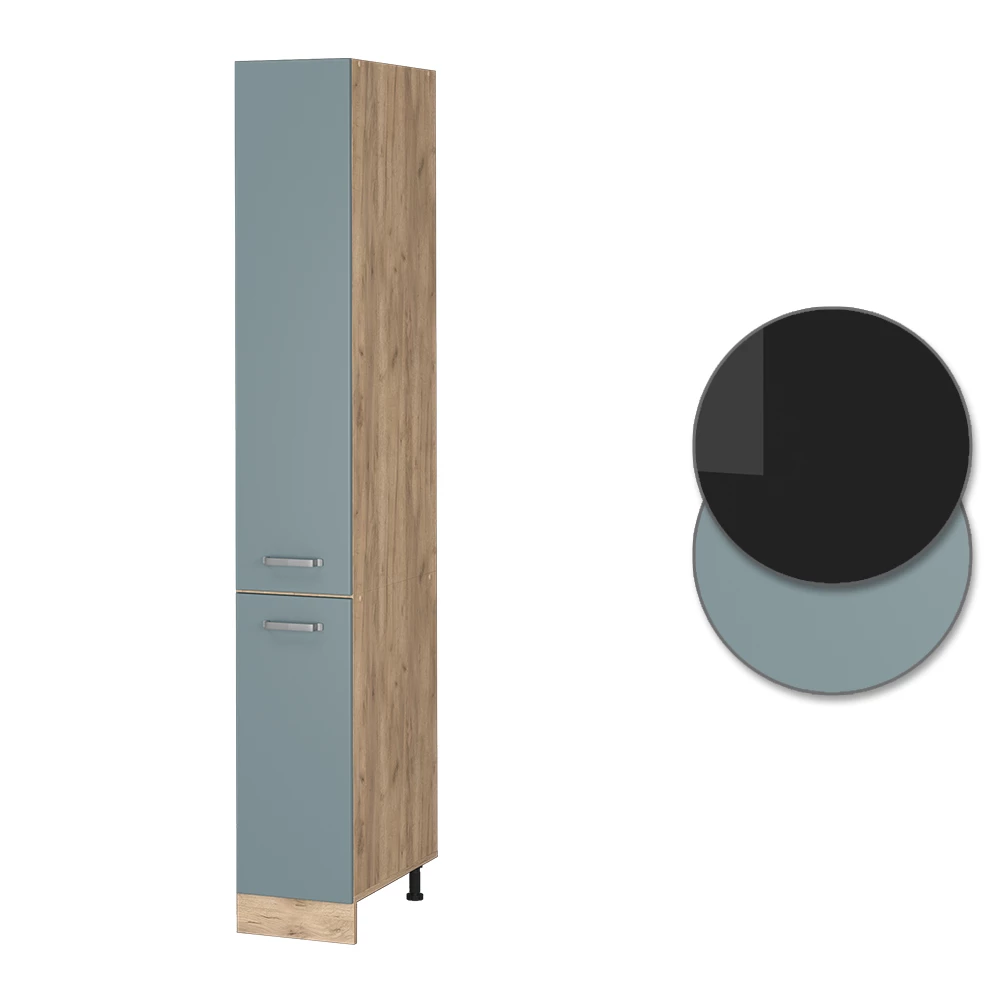 Nahaufnahme von Apothekerschrank in Blau-Grau, zeigt Design- und Oberflächendetails