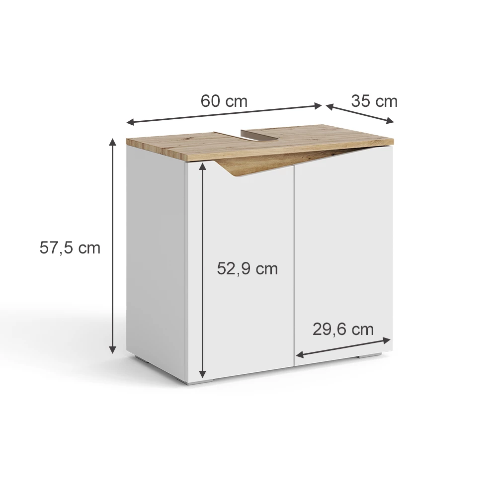 Vicco mobile sottolavabo per bagno "Marelle", Bianco/Rovere artigianale, 60 x 57.5 cm con 2 porte