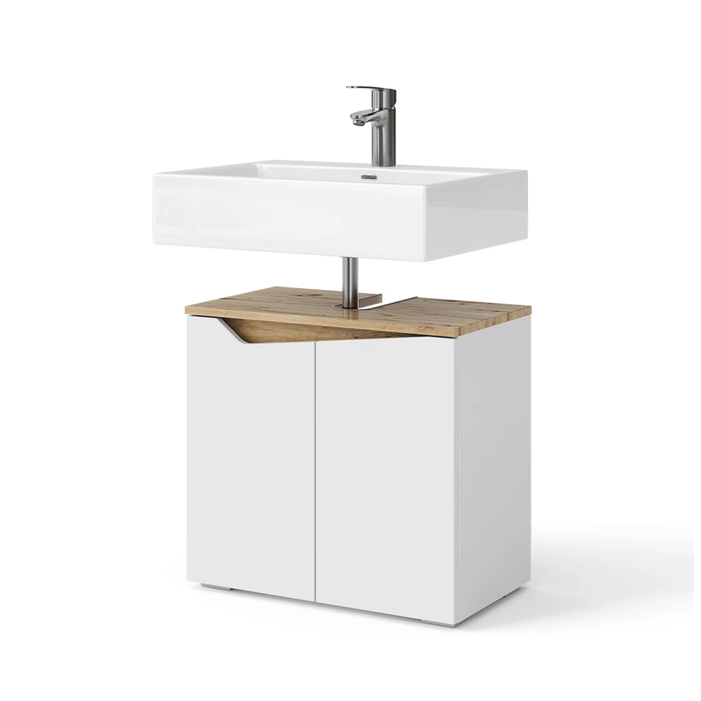 Vicco mobile sottolavabo per bagno "Marelle", Bianco/Rovere artigianale, 60 x 57.5 cm con 2 porte
