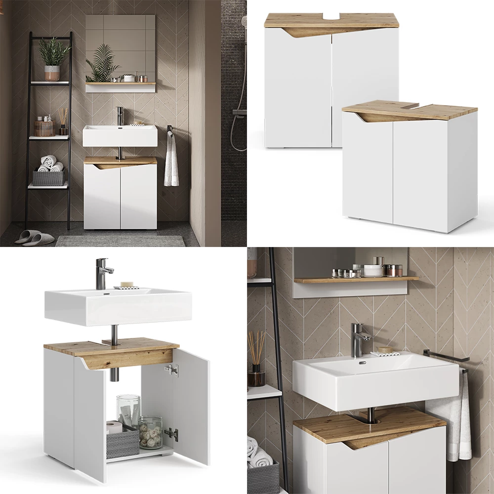 Vicco mobile sottolavabo per bagno "Marelle", Bianco/Rovere artigianale, 60 x 57.5 cm con 2 porte