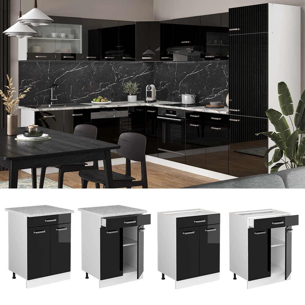 Vicco Küchenunterschrank "R-Line", Schwarz Hochglanz/Weiß, 60 cm mit Schublade, AP Marmor